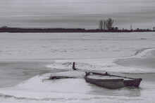 Vintage Fishing Boat Frozen In Ice Black And White Photography