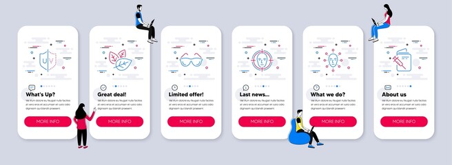 Vector Set of Healthcare icons related to Face biometrics, Uv protection and Organic tested icons. UI phone app screens with teamwork. Vector