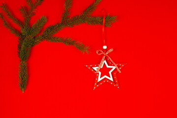 Christmas decor and decorations and toys for the Christmas tree on a red background.Christmas and new year concept.Christmas card. copy space