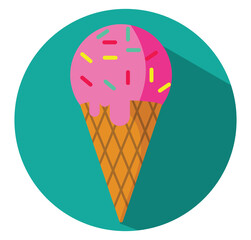 Sticker - Pink ice cream with sprinkles in cone, illustration, vector, on a white background.