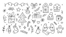 Christmas Doodle Set. Hand Drawn Cute Icons. Ideal For Coloring Books, Stamps, Invitations And Others. Vector Illustration.