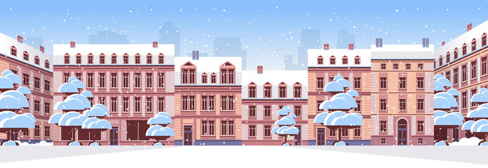 Sticker - winter city street with modern houses exterior urban buildings facade horizontal