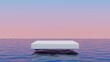 White cube podium floating above the ocean.Abstract minimal surreal background.3d rendering illustration.