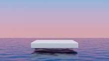 White Cube Podium Floating Above The Ocean.Abstract Minimal Surreal Background.3d Rendering Illustration.