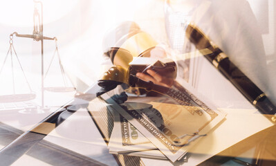 Business and lawyers discussing contract papers with brass scale on desk in office. Law, legal services, advice, justice and law concept picture with film grain effect