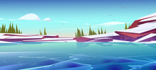 Frozen Pond Or Lake Scenery Nature Landscape. Winter View With Rocks, Fir-trees And Gulls In Blue Sky. Water Surface Covered With Slippery Ice Tranquil Panoramic Background Cartoon Vector Illustration