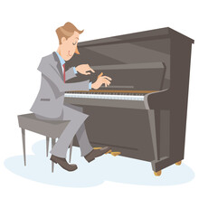 A Jazz Piano Player Performing On Isolated White Background. Performing With Upright Piano. Vector Illustration In Flat Cartoon Style.