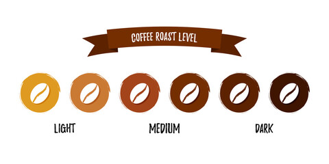 Coffee roast level icon set. Vector illustration. Coffee beans isolated on white background