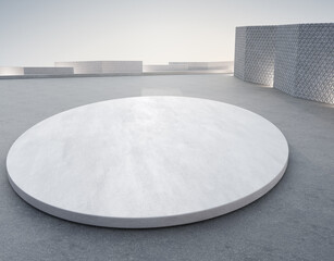 Wall Mural - Empty concrete floor and round white podium. 3d rendering of plaza with clear sky background.