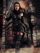 Female knight with two swords in front of a stone castle gate. 3D render - the woman is a 3D object.