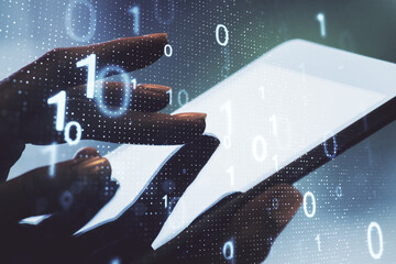 Wall Mural - double exposure of creative abstract binary code hologram and finger clicks on a digital tablet on b