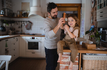 Wall Mural - Mature father with small daugther resting indoors at home and combing hair.