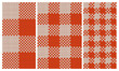 Set of red and white knit gingham seamless patterns. Vector illustration of knitted plaid texture from squares. Abstract geometric handmade background for blankets, clothes.