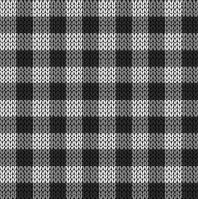 Black And White Knit Gingham Seamless Pattern. Vector Illustration Of Knitted Plaid Texture From Squares. Abstract Geometric Handmade Background For Blankets, Sweaters, Clothes.