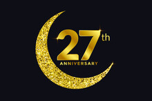 Twenty Seven Years Anniversary Celebration Golden Emblem In Black Background. Number 27 Luxury Style Banner Isolated Vector.