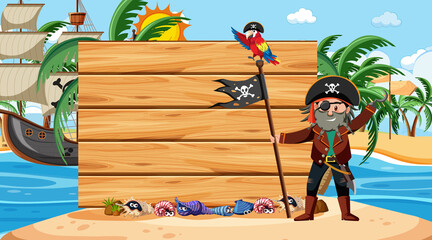 Wall Mural - Pirate captain at the beach daytime scene with an empty wooden banner template