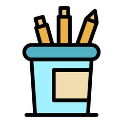 Sticker - Pens mug icon. Outline pens mug vector icon color flat isolated