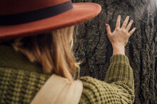 Woman Touching Tree Bark In Forest