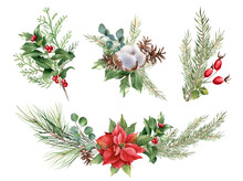 Watercolor Christmas Plants Set. Hand Drawn Winter Bouquets  Isolated On White Background. Poinsettia Flower, Eucalyptus Leaves, Fir Branches, Holly With Berries, Cotton Balls, Rosehip, Cone