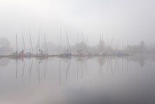 Fog Shrouding Sailboats Moored In Altmuhlsee Marina