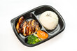 Japanese bento box, Japanese food lunch boxes in plastic packages. Rice with .Grilled Teriyaki Chicken.