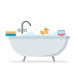 Foam bath on an isolated background. Bathtub with foam bubbles and rubber duck. Bath time. Bath towel and bath soap in flat style. Cute vector illustration.