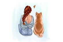 A Girl With Red Hair Sits With Her Light-colored Dog. Back View