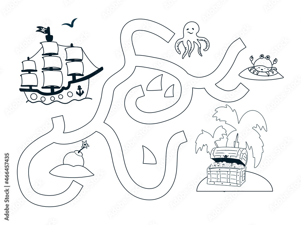 Help the pirate ship find the way to the island. Cute cartoon pirate ...