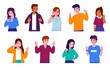 People with gestures. Young men and women depict different actions with signs, students nonverbal communication, positive and negative emotions, vector cartoon flat style isolated set