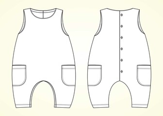 Sleeveless baby romper Overall technical fashion flat sketch drawing vector illustration template front and back view. Apparel Clothes design Mock up for baby girl. Kids Dress Design Easy editable.