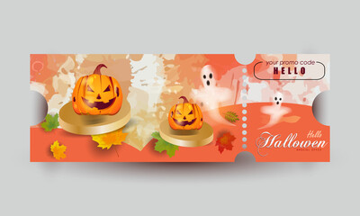 Halloween promotion voucher banner or party invitation background with fun pumpkin faces