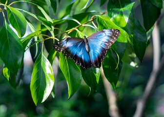 Canvas Print - Close up of a blue black butterfly on green sunny leaves in Desert Botanical Garden