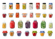Collection Of Food Marinades In Glass Jars. Vegetable And Fruit Preparations For The Winter.