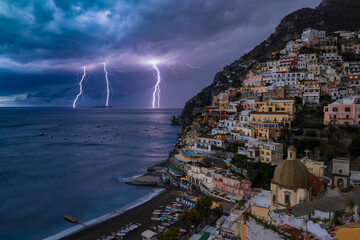 Wall Mural - stronh lightning storm in positano, italy.