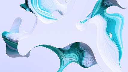 Wall Mural - 3d render, abstract volumetric white blue background with flat curvy shapes and wavy lines, marbling effect