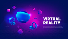 Virtual Reality Headset And Controllers For Gaming. VR Helmet. Metaverse Technology Banner Template.