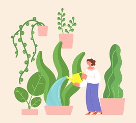 Wall Mural - Watering home garden. Woman with water, green giant plants in pots. Gardening relax hobby, agriculture and planting vector concept