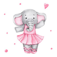Cute Cartoon Elephant Ballerina In Pink Dress; Watercolor Hand Drawn Illustration; With White Isolated Background