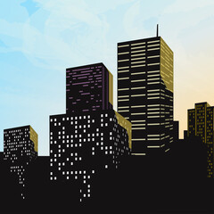 city with high buildings silhouette on sunset