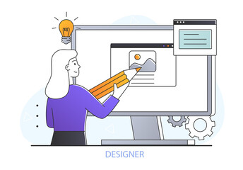 Wall Mural - graphic design concept. woman stands in front of computer monitor and draws picture in program. step