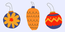 Collection Of Vintage Christmas Toys For The Tree.Rustic Christmas Balls And Cones And Cottage Core.Traditional New Year Decorations In The Style Of The 70s And 60s.Vector Stickers For Cards