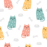 Fototapeta Pokój dzieciecy - Colorful cats seamless pattern. Animal cartoon character background Design use For Print Backgrounds gift wrapping, baby clothes, textiles, vector illustration