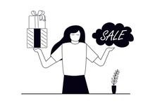 Female Promoter Announces About Big Sale. Cartoon Worker Messaging About Discount. Cheap Shopping Concept. Line Art And Hand Drawn