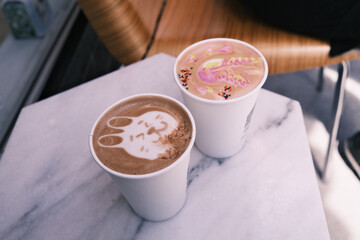 Closeup of latte art at a coffee and tea shop.