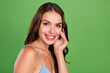 © deagreez - Profile side photo of young woman happy positive smile pure clean skin hydration isolated over green color background
