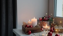 An Artificial Spruce Branch, Decorated With Ivy Leaves, Apples And Hawthorn Berries. Lighted Candles In Wooden Box, Red Glass Balls, Winter Composition Decorates Interior On Eve Of Christmas
