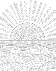 Wall Mural - Hand drawing coloring page for kids and adults. Wild nature, sun,  meadow, field, sea. Beautiful drawing with patterns and small details. Coloring book pictures. Vector