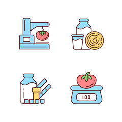 Sticker - Food physical property test RGB color icons set. Visual appearance evaluation. Weighing and measuring. Isolated vector illustrations. Simple filled line drawings collection. Editable stroke