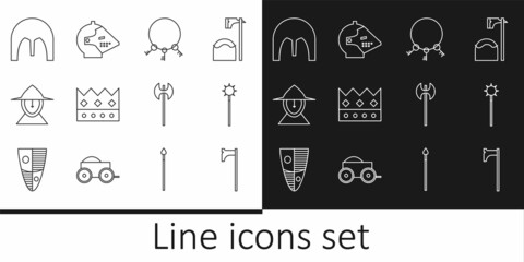 Wall Mural - Set line Medieval axe, chained mace ball, Old keys, King crown, iron helmet, and icon. Vector