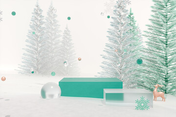 Leinwandbilder - Winter Christmas background with product stand. 3d rendering.